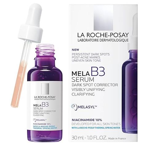 DESCRIPTION Powered by Melasyl™, the newest, exclusive La Roche-Posay ingredient, in combination with 10% Niacinamide. A first-of-its-kind discoloration serum to visibly correct persistent dark spots with long-lasting results. BENEFITS Visibly corrects age spots, sunspots, liver spots, acne marks, uneven skin tone, dullness & lack of radiance. SUGGESTED USE Apply 3-4 drops on clean skin in the AM & PM. In morning use with Mela B3 UV sunscreen SPF 30. Avoid eyes area. Discoloration Correcting Serum, Discoloration Serum, Dark Spot Serum, Uv Sunscreen, Lightening Serum, Post Acne Marks, Niacinamide Serum, Dark Spot Corrector, Acne Marks