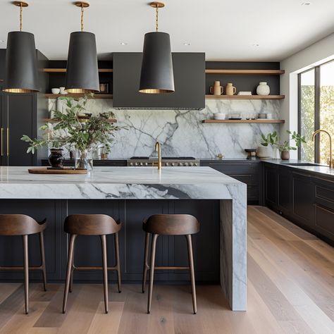 Dark Kitchen With Light Floors, Kitchen Ideas Modern Dark, Grey Kitchen Cabinets With Island, Dark Modern Kitchen Design, Dark Accent Kitchen, Kitchen Colors Schemes Dark Cabinets, Dark Modern House Kitchen, Dark House Design, Modern Kitchen Grey And White