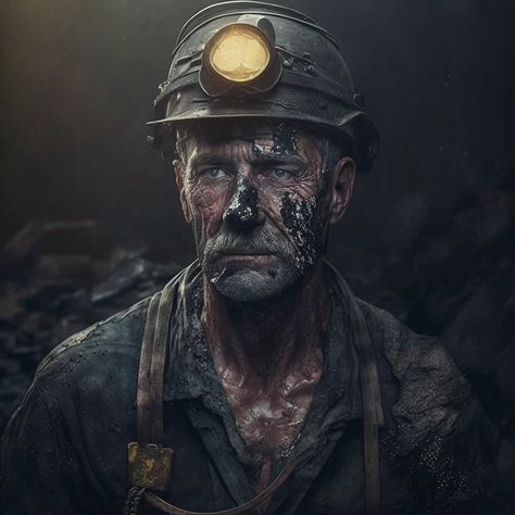 This man works tirelessly in the mine to provide for his family. He's all dirty mining coal. Sweat flows from him, and his face looks tired. Mining Illustration, Game Mockup, Lovers To Enemies, Tired Man, Les Miserable, Gold Miners, Dnd Npc, Coal Miners, Character Portrait