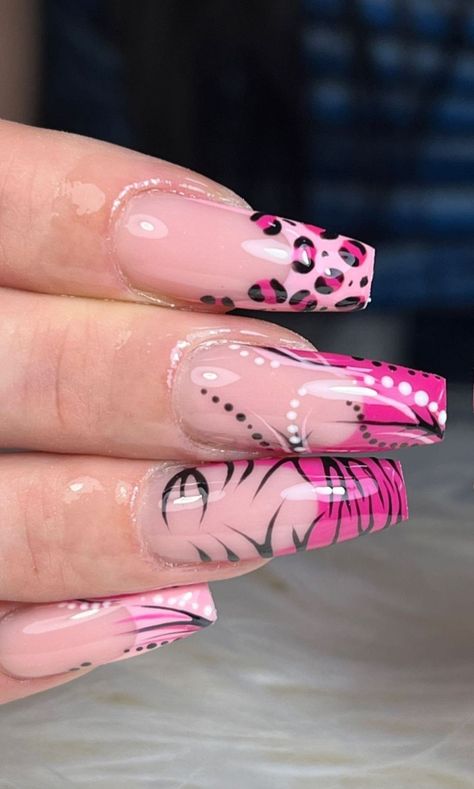 French Tip Animal Print Nails, Pink Cheetah Nails Y2k, Y2k Nails Cheetah, Pink Leopard Print French Tip Nails, Zebra And Leopard Nails, Pink Tiger Print Nails, Pink Zebra Nails Y2k, Nail Inspo Animal Print, Nail Ideas Animal Print