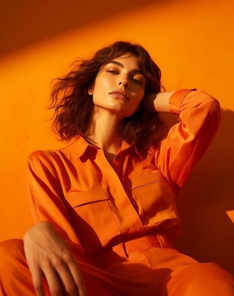 Colorful Backgrounds Photoshoot, Orange Fashion Photography, Monochromatic Photography Portraits, Orange Monochromatic Photoshoot, Bright Studio Photography, Orange Light Photography, Orange Light Photoshoot, Color Pop Photoshoot, Orange Photoshoot Ideas