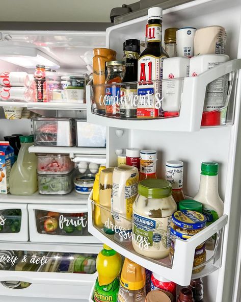 15 Refrigerator Organization Ideas You Need to Try Organize A Refrigerator, How To Organize Condiments In Fridge, Stocking Refrigerator Ideas, Stock Refrigerator Ideas, Refrigerator Shelf Placement, Fridge Shelf Placement, Counter Depth Fridge Organization, Lg Refrigerator Organization, Refrigerator Condiment Organization