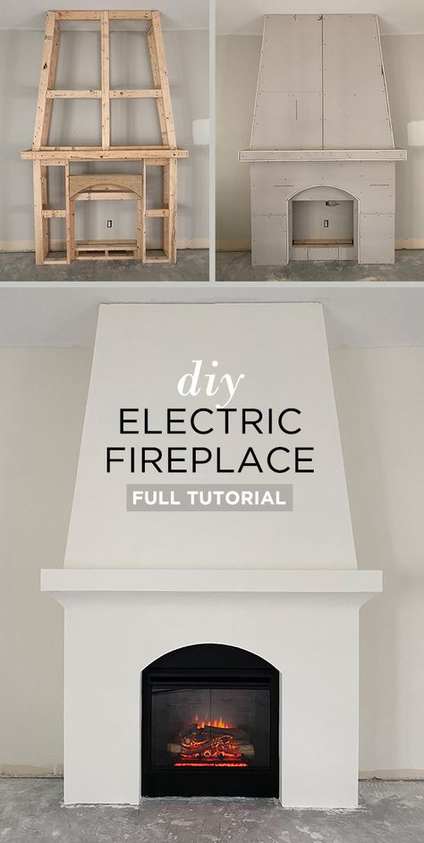 Built In Fireplace Vaulted Ceiling, Building Out Fireplace Surround, Diy Fireplace Plans How To Build, Simple Drywall Fireplace, European Fireplace French Country, Electric Fireplace With Brick Surround, Build A Fake Fireplace, Free Standing Electric Fireplace Ideas, Electric Fireplace Surround Ideas