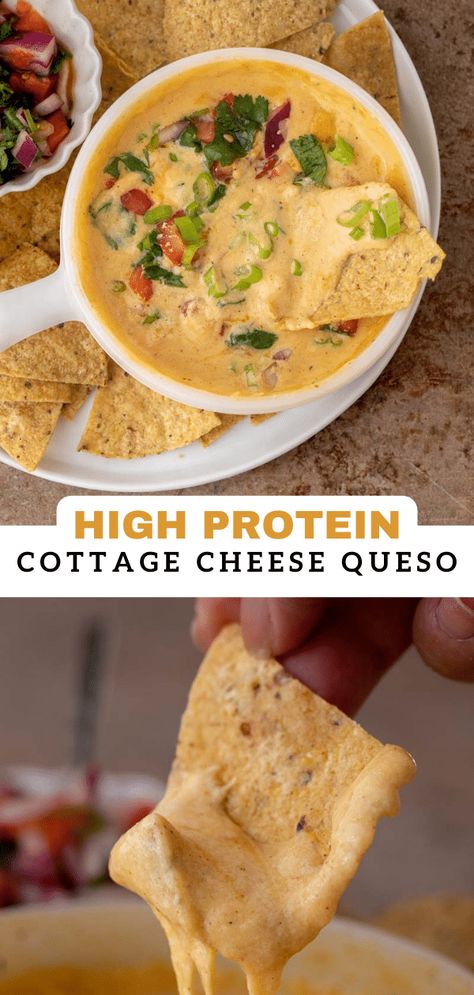 Cottage Cheese Queso, Crostini Toppings, Protein Cottage Cheese, Cottage Cheese Recipes Healthy, Cottage Cheese Dips, Cheese Queso, Healthy High Protein Meals, Cottage Cheese Recipes, Protein Recipes