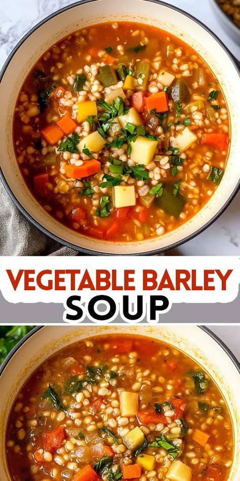 🥕✨ Discover the ultimate comfort food with our delicious Vegetable Barley Soup recipe! Packed with wholesome ingredients, this nourishing soup is not only easy to make but also incredibly satisfying. 👇 Don’t forget to save this pin for later, and share your soup creations with us! What vegetables do you like to add? Comment below! #VegetableBarleySoup #HealthyEating #SoupSeason #MealPrep #ComfortFood #VeganRecipes #HomemadeSoup #HealthyRecipes Tomato Barley Soup, Instant Pot Vegetable Barley Soup, Barely Vegetable Soup, Veggie Barley Soup Recipes, Vegetable And Barley Soup, Barley Vegetable Soup Crockpot, Barley Bean Soup, Farmers Market Vegetable Soup, Hardy Vegetable Soup