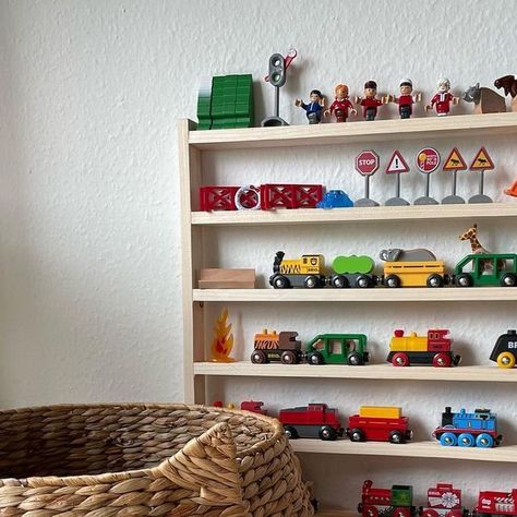 Train Set Storage, Wooden Train Storage, Thomas The Train Storage Ideas, Brio Train Storage, Toy Train Storage Ideas, Brio Storage, Brio Train Table, Toy Train Storage, Train Shelf