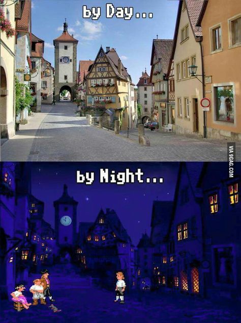 "Meleê Island" from "Monkey Island" exists, in real life, in Germany. The town's name is Rothenburg ob der Tauber, I believe. Monkey Games, Lucas Arts, School Video, Monkey Island, Town Names, Geek Games, Adventure Games, Retro Videos, Island Art