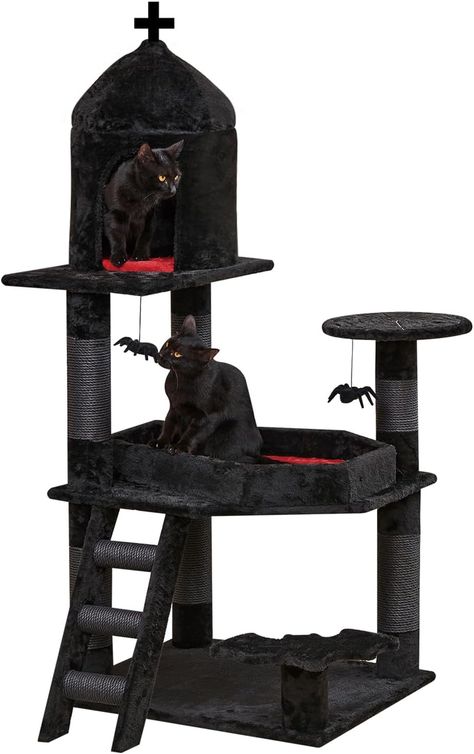 Using black and red plush fabric and black kraft twine covered scratching posts, the entire cat tower looks darker and more elegant. It is a cat furniture that can attract cat attention and a unique Halloween home decoration.
Coffin bed designed specifically for large cats: The coffin is 22 inches long and 8.6-15.7 inches wide, allowing your large cat to rest and play comfortably. includes bat shaped auxiliary tread, coffin shaped cat bed, spider web design on platform, metal spider play toys. Yuki Core, Coffin Bed, Random Animals, Gothic Cat, Katt Grejer, Gothic Decor Bedroom, Cat Activity, Dark Home Decor, Goth Home