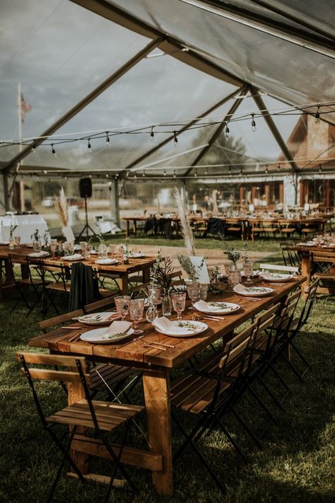 This Stanley, Idaho Wedding at Park Creek Ranch Features Florals in the Front and Mountains in the Back | Junebug Weddings Boho Reception, Idaho Wedding Venues, Idaho Elopement, Stanley Idaho, Mountain Wedding Ideas, Burlap And Lace Wedding, Wedding Invitations With Rsvp, Clear Tent, Maggie Grace