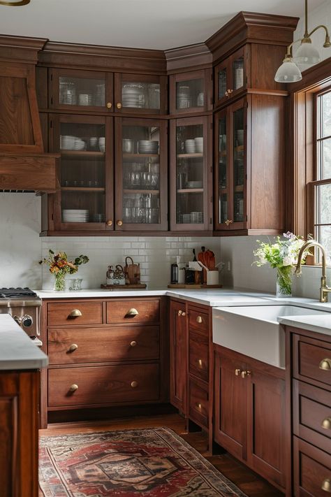 15 Inspiring Modern Craftsman Kitchen Ideas: Blending Tradition with Contemporary Design Historic Kitchen Cabinets, Craftsman Style Kitchen Ideas, Kitchen With Wood Trim, Kitchen Ideas Timeless, Brown Cabinets And White Countertops, Cozy Craftsman Interior, Modern Craftsman Kitchen Ideas, Mahogany Cabinets Kitchen, Cherry Kitchen Cabinets With Quartz