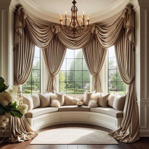 50 Must-Try Bay Window Decorating Ideas » HomeDecorFull Bay Window Curtains Living Room, Bay Window Decorating Ideas, Window Decorating Ideas, Arched Window Coverings, Bay Window Bedroom, Bay Window Decor, Luxury Curtains Living Room, Luxury Window Curtains, Window Decorating