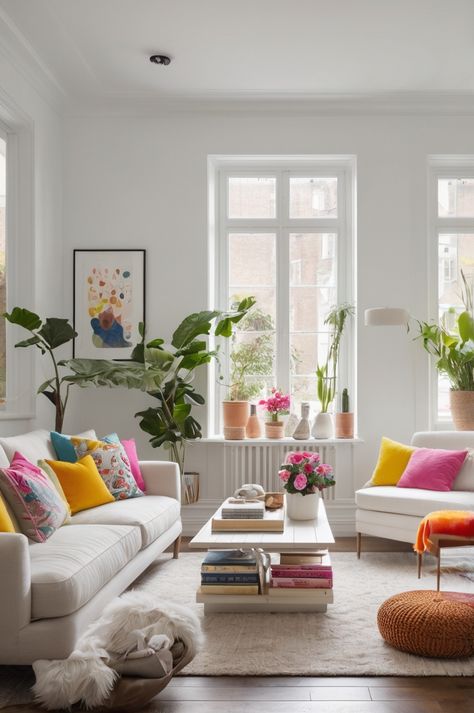 White And Colorful Living Room, Scandinavian Interior With Pops Of Color, Small Colourful Apartment, Minimal Colorful Living Room, Colourful Minimalist Decor, Bright Rugs Living Room, Bright Colour Living Room Decor, White Living Room With Pops Of Color, Minimalist Colorful Living Room