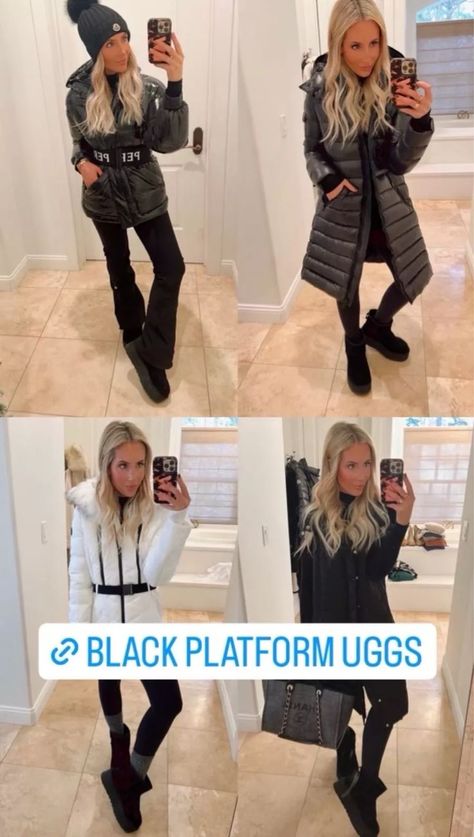 Black Platform Outfit, Black Mini Uggs Outfits, Outfits With Black Uggs, Black Ugg Outfit, Black Ugg Boots Outfit, Black Boots Outfit Winter, Platform Ugg Outfit, Black Uggs Outfit, Converse Outfit Fall