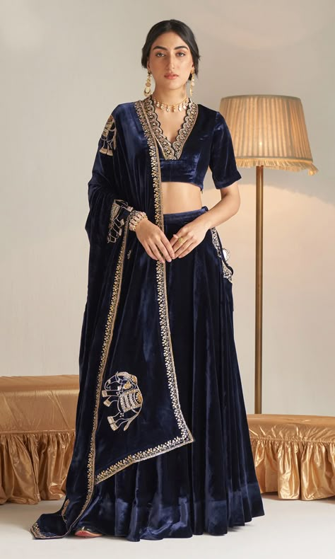 Maid Of Honor Outfit, Blue Velvet Lehenga, Velvet Blouse Design, Lehenga With Blouse, Velvet Outfit, Chaniya Choli Designs, Shawl Neckline, Dabka Work, Long Blouse Designs