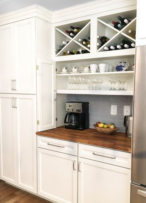 Off-white cabinets with #winebar and #coffeestation Coffee Bar Built In, Built In Coffee Bar, Bar Closet, Coffee And Wine Bar, Bars In Kitchen, Wine Station, Wine And Coffee Bar, Coffee/wine Bar, Corner Coffee