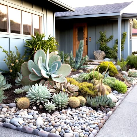 Hanging Cactus Plants Outdoor, Desert Front Yard, Succulent Garden Landscape, Garden Landscape Ideas, Front Yard Decor, Succulent Landscape Design, Succulent Garden Design, Succulent Landscaping, Front Yard Ideas