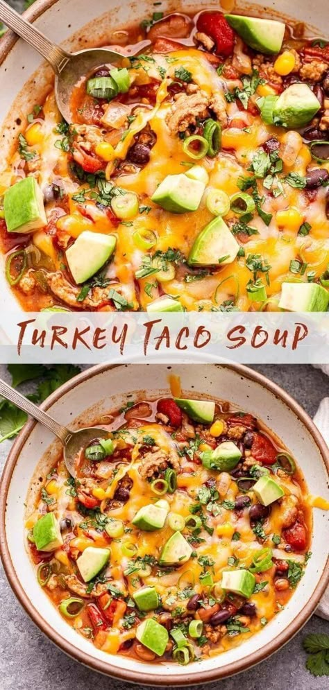 Turkey Taco Soup is a staple recipe for the colder months of the year. It's a cross between soup and chili and packed full of taco flavor! Top it with your favorite taco toppings for a healthy and hearty dinner. #soup #tacosoup #turkeytacos #healthydinner #groundturkey #glutenfree #easyrecipes #souprecipes Turkey Taco Soup Recipe, Healthy Taco Soup, Turkey Taco Soup, Recipe Runner, Pinterest Collage, Mexican Soup Recipes, Dinner Soup, Taco Toppings, Turkey Taco