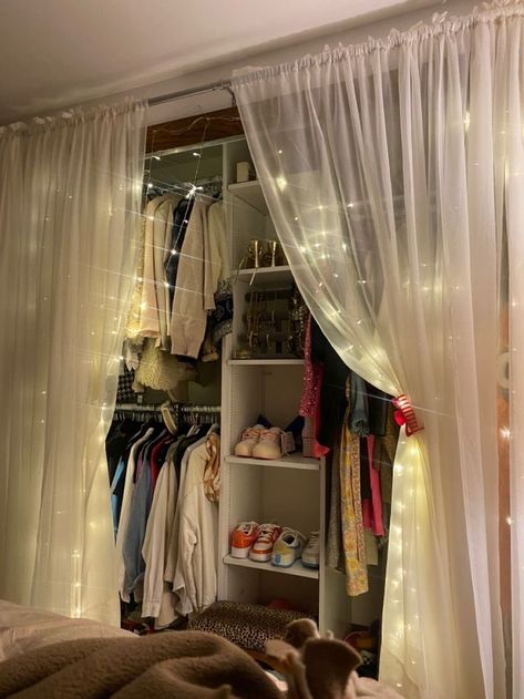 Walk In Closet With Curtains, Small Room Open Closet Ideas, Open Closet In Bedroom Aesthetic, Closet Division Ideas, Tapestry Closet Curtain, Open Closet With Curtains, Non Door Closet Ideas, Cute Closet Curtain Ideas, Dorm Room Closet Curtain