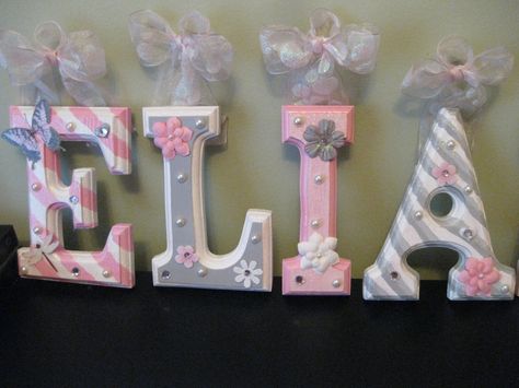 I really like this! Grey And Pink Nursery, Hanging Letters On Wall, Craft Letters, Nursery Color Scheme, Creative Letters, Wall Letters Nursery, Decorated Letters, Door Letters, Rose Nursery