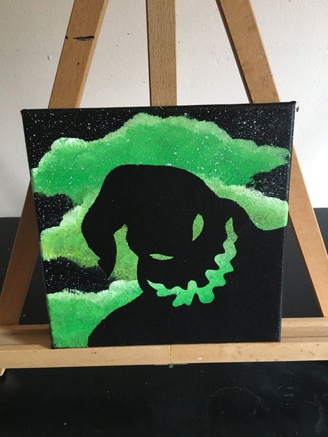 Oogie Boogie Painting Ideas, Halloween Painting For Boyfriend, Easy Spooky Canvas Paintings, Halloween Painting Easy Canvas, Tim Burton Painting Easy, Bored Painting Ideas, Easy Diy Halloween Paintings, Halloween Paint Night Ideas Easy, Ceramic Ghost Painting Ideas