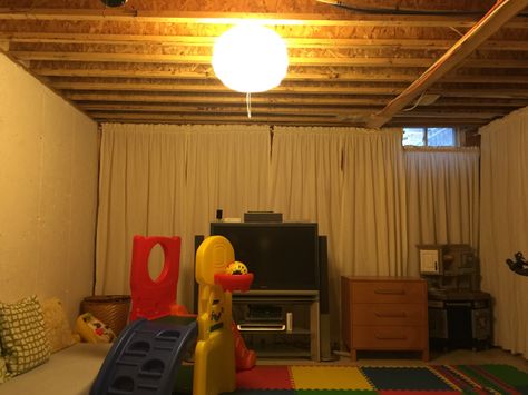 Old Unfinished Basement, Basement Toy Room, Finished Basement Storage, Unfinished Basement Makeover, Unfinished Basement Playroom, Garage Bedroom Conversion, Tiny Basement, Basement Window Replacement, Unfinished Basement Walls