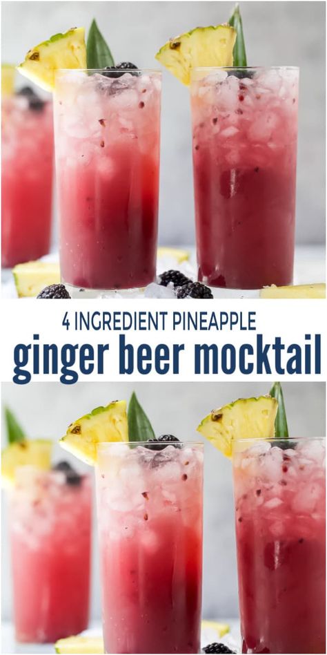 This 4 Ingredient Pineapple Ginger Beer Mocktail is a tropical fiesta for your taste buds! Made with sweet pineapple juice, fresh blackberries, zesty lime juice and bubbly ginger beer, it's an easy alcohol-free beverage that light and refreshing for the summer! #mocktailrecipe #nonalcoholic #gingerbeerrecipes #summermocktails #virgindrinks Best Non Alcoholic Drinks, Easy Mocktail Recipes, Mocktail Drinks, Pineapple Ginger, Alcohol Free Drinks, Drink Recipes Nonalcoholic, Mixed Drinks Alcohol, Non Alcoholic Cocktails, Alcoholic Cocktails