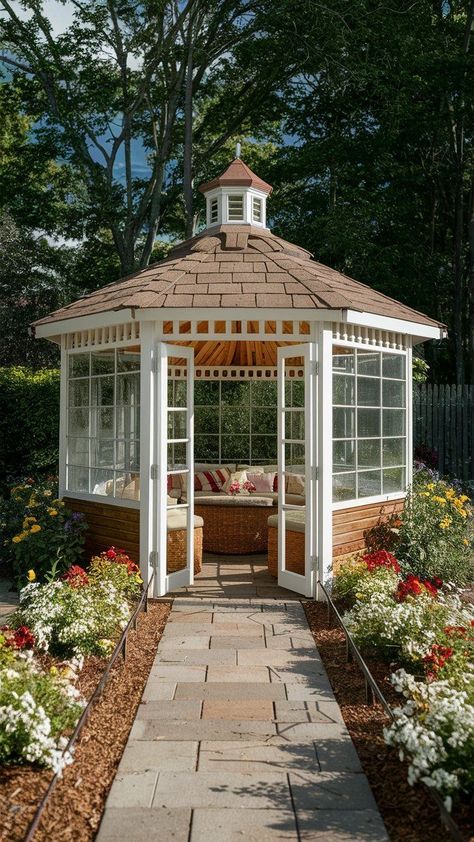 Front Yard Gazebo Ideas, Closed Gazebo, Enclosed Gazebo Ideas, Delaware Aesthetic, Garden With Gazebo, Gazebo Art, Winter Gazebo, Outdoor Gazebo Ideas, Gazebo Decorating Ideas