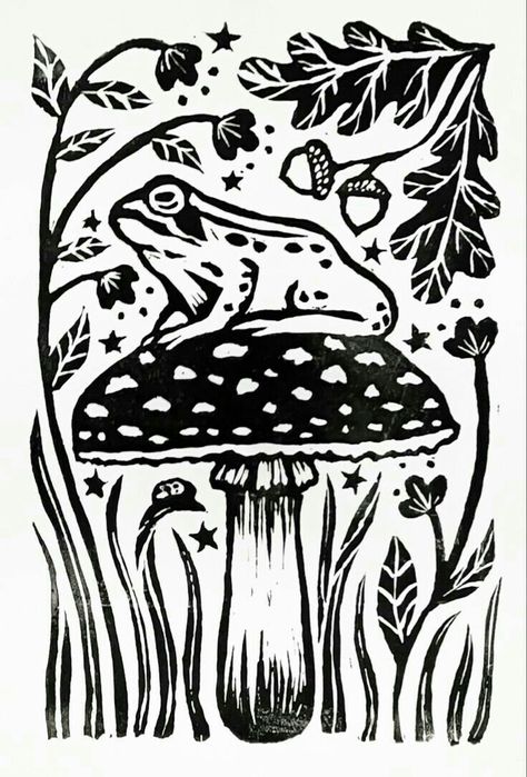 Witch Linocut, Linoleum Print Ideas, Toad Mushroom, Toad Stool, Linoleum Prints, Block Print Art, Funny Cat Art, Mushrooms Art, Linocut Ideas