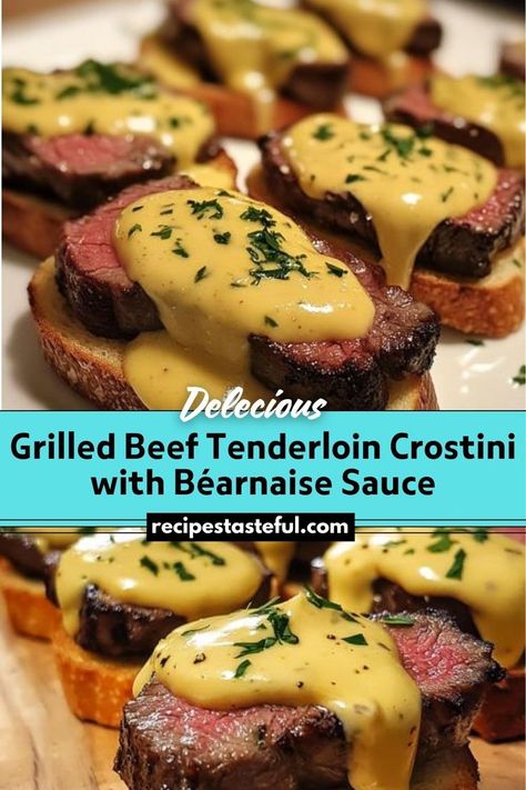 This elegant appetizer features tender slices of grilled beef tenderloin served on crispy crostini and topped with a rich, herb-infused Béarnaise sauce. Perfect for special occasions or as a sophisticated starter at your next gathering. Beef Tenderloin Crostini, Tenderloin Crostini, Béarnaise Sauce, Holiday Dinner Ideas, Grilled Beef Tenderloin, Traditional Thanksgiving Recipes, Beef Tenderloin Recipes, Holiday Recipe Ideas, Thanksgiving Meals