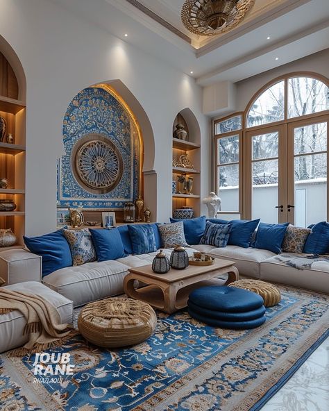 Blue Gold Decor Living Room, Moroccan Inspired Interiors, Arabic Home Design, Arab Living Room, Moroccan Design Living Room, Moroccan Interior Design Living Room, Moroccan House Design, Moroccan Interiors Living Room, Moroccan Inspired Living Room