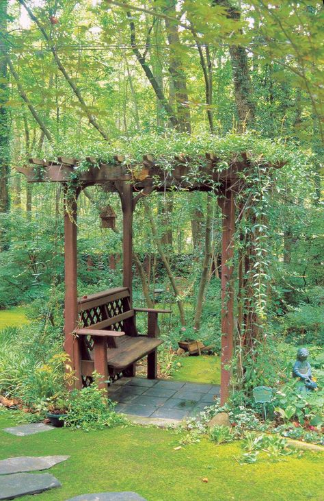 Shady arbor bench Sitting Area Under Tree, Arbor Bench, Wood Arbor, Cheap Landscaping Ideas, Pergola Lighting, Wood Pergola, Pergola Design, Aesthetic Garden, Garden Arbor