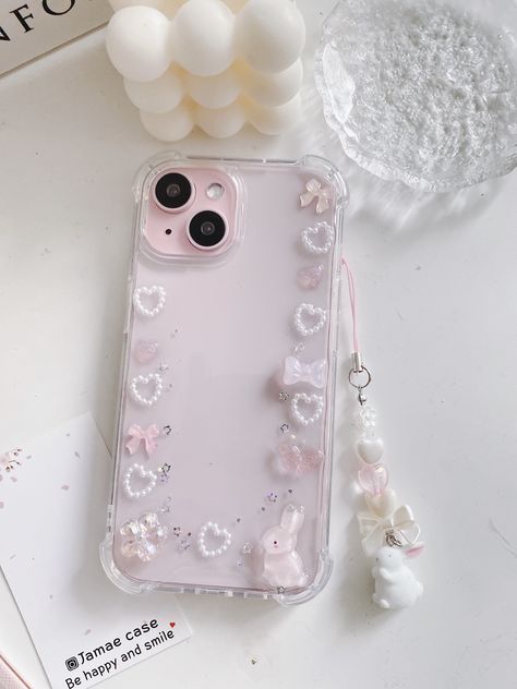 Cute Bunny Phone Cases, Iphone 12 Pink Case, Cute Pink Iphone Cases, Clear Floral Phone Case, Back Case Ideas, Iphone 16 Pro Max Case Aesthetic, Iphone 15 Cute Cases, I Phone 11 Cases, Pink Clear Phone Case