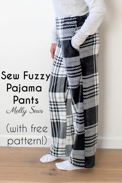 How to Make Fleece PJ Pants - DIY Fuzzy Pyjama Project - Melly Sews Diy Lounge Wear, Sewing Workspace, Pajama Pants Pattern Free, Fleece Sewing Patterns, Pajama Pants Tutorial, Quick Sewing Projects, Easy Sewing Projects Clothes, Pajama Pants Pattern, Fleece Sewing Projects