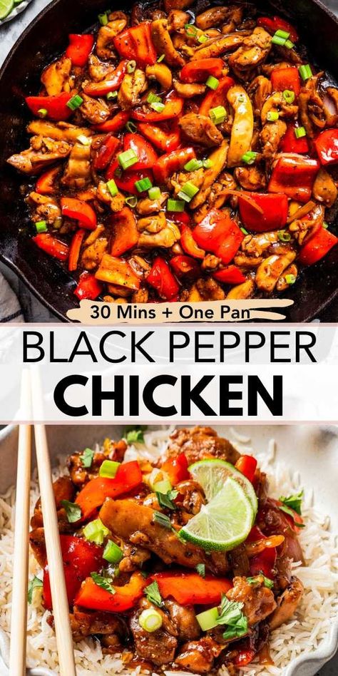 This Black Pepper Chicken recipe combines juicy slices of chicken and crisp veggies sautéed to perfection in a delicious Chinese-style stir-fry sauce, bursting with the spicy kick of black pepper, zesty ginger, and garlic. #blackpepperchicken #chinese #stirfry Black Pepper Chicken Recipe, Diethood Recipes, Best Mediterranean Recipes, Pepper Chicken Recipe, City Chicken, Marinated Chicken Thighs, Black Pepper Chicken, Recipes With Chicken And Peppers, Weekly Menu Plan