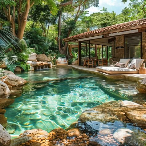 Backyard_Tropical_Oasis 10 Pool Like A Pond, Tropical Pool Landscaping Backyard, Tropical Dream House, Boho Backyard With Pool, Courtyard Swimming Pool, Backyard Pool Inspiration, Oasis Pool Backyard, Lagoon Pool Backyard Oasis, Pond Pools Backyard