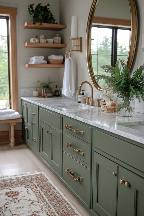 15 Sage Green Bathroom Ideas to Create a Calming Oasis – Elegant Inspo Green Bathroom Vanity Wood Floors, Jade Green Bathroom Vanity, Green Bathroom Flooring, Sage And Brass Bathroom, Dark Green Bathroom Cabinets Master Bath, Sea Foam Green Bathroom Vanity, Olive Green Vanity Bathroom Ideas, Master Bath Green Tile, Green Cupboards Bathroom