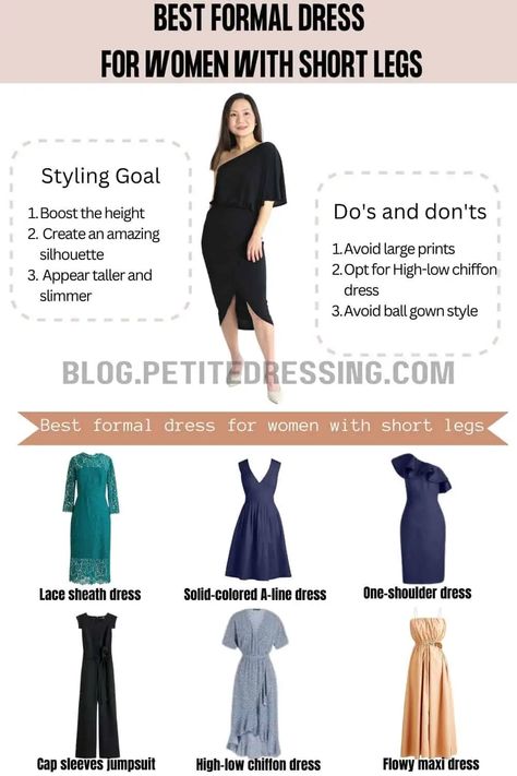 Formal dress guide for women with short legs Outfit For Short Women, Petite Formal Dresses, High Low Chiffon Dress, Best Formal Dresses, Capsule Wardrobe Casual, Dress For Petite Women, Mother Of Groom Dresses, Dress Guide, Fashion Illustration Dresses