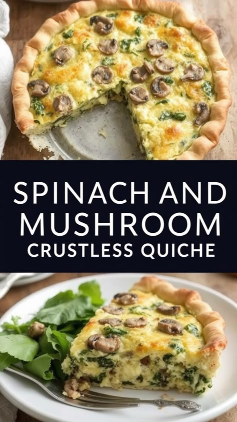 Spinach and Mushroom Crustless Quiche Recipe Spinach And Mushroom Quiche Crustless, Crustless Kale Quiche, Spinach Artichoke Quiche Recipes, Spinach Mushroom Cheese Crustless Quiche, Spinach Mushroom Crustless Quiche, Mushroom Quiche Recipes Crustless, Spinach Quiche Recipes Easy Crustless, Crustless Spinach Bacon Quiche, Crustless Mushroom Quiche