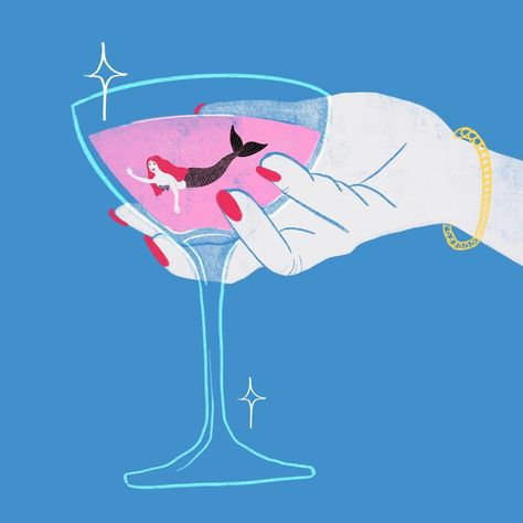 Woman In Cocktail Glass Illustration, Wine Illustration Design, Glass Of Wine Illustration, Mermaid Graphic Design, Mermaid Martini, Mermaid Illustration Art, Morning Illustration, Morning Drawing, Wine Glass Illustration