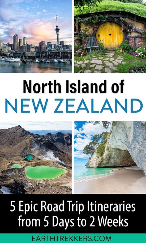 New Zealand North Island Itinerary planner. Here are 5 different ways to plan a trip to the North Island of New Zealand, ranging from 5 days to 2 weeks. Visit Auckland, Wellington, Tongariro Alpine Crossing, Bay of Islands, Cape Reinga, Hobbiton, Waitomo, Coromandel Peninsula, Cathedral Cove, Taupo, Rotorua, and more. Earth Trekkers, Coromandel Peninsula, Cape Reinga, New Zealand North Island, Cathedral Cove, New Zealand Itinerary, North Island New Zealand, New Zealand Travel Guide, Itinerary Planner