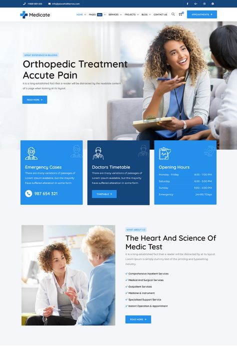 Medicate is a comprehensive and dynamic Health & Medical WordPress Theme designed to create a professional and engaging website for healthcare providers. It comes with a customizable homepage layout and various health-related features such as doctor listings, appointment booking, and medical services pages. The theme is fully customizable, allowing you to add your own branding and style to the website. It also includes RTL (right-to-left) support for languages such as Arabic and Hebrew. Doctor Website Design Inspiration, Doctor Landing Page, Healthcare Website Design Inspiration, Medical Website Design Inspiration, Doctor Website Design, Health Website Design, Healthcare Landing Page, Medical Landing Page, Healthcare Website Design