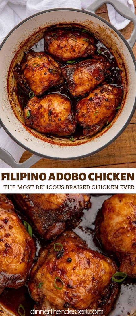 Adobo Chicken is a classic Filipino recipe cooked in soy sauce, garlic, vinegar and peppercorns that makes the most delicious braised chicken ever. #adobochicken #chicken #braisedchicken #filipinorecipes #filipinofood #dinner #dinnerthendessert Dinner Meats Ideas, Chicken Thigh Lunch Recipes, Meals For Hot Weather Summer, Breakfast Ideas Chicken, Award Winning Chicken Recipes, Yoshida Chicken Recipes, Chef Quality Recipes, Awesome Dinner Recipes, Cheba Hut Recipes