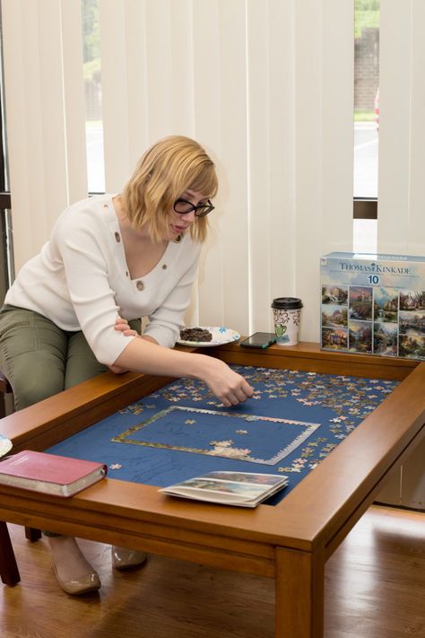 Great for jigsaw puzzles! Coffee Game Table in Elm finish and Dark Blue fabric. Gaming Coffee Table, Game Coffee Table, Built In Ideas, Lake Condo, Cabin Decor Ideas, Best Travel Coffee Mug, Living Room Board, Guest Bedroom/office, Basement Guest Rooms