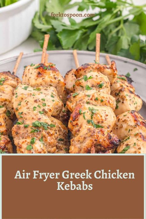 Air Fryer Greek Chicken, March Meals, Greek Chicken Kebabs, Greek Chicken Skewers, Kabob Marinade, Greek Chicken Kabobs, Keto Friendly Meals, Chicken Kabob Recipes, Chicken Kebab Recipe