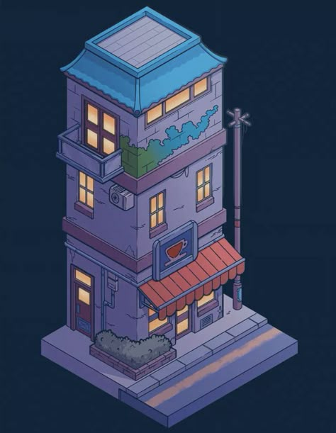 Isometric Town, Isometric Building, Isometric Rooms, Isometric Game Art, Building At Night, Grease Pencil, Buildings Artwork, Isometric Room, Isometric Game