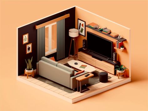 Isometric Living Room, Room Animation, Isometric Rooms, Isometric Room, 3d Living Room, Room Maker, Blender Ideas, 3d Isometric, 3d Room