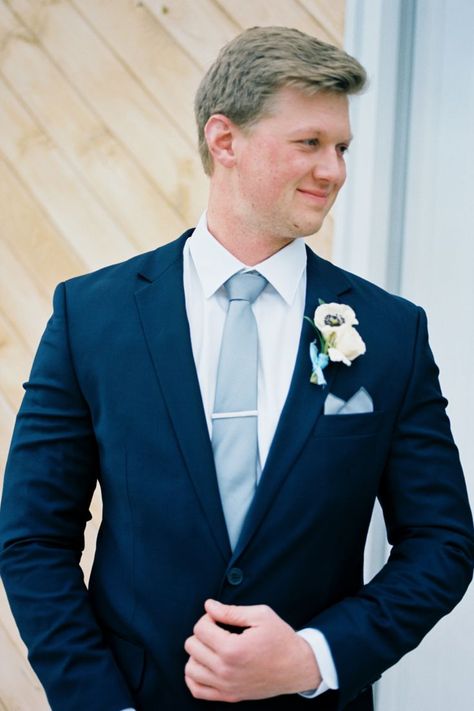 Spring Wedding | Barn South | Talmo, GA Navy Suit and Light Blue Tie for Groom Navy Suit Blue Tie, Navy Wedding Suit Groom, Navy Blue Suit Groom, Blue Suit For Wedding, Blue Green Wedding Colors, Blue Wedding Suit Groom, Navy Blue Tux, Navy Groomsmen Suits, Groom Suit Navy