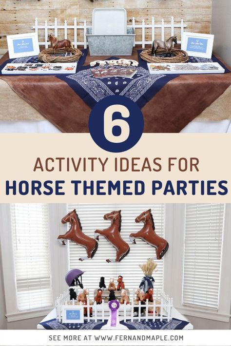 These fun and easy DIY activity ideas are perfect for kids of all ages who are equestrians or just love horses! Keep guests at your Horse Themed Party entertained with art, crafts, play areas and more! Get all of the details now at www.fernandmaple.com! Horse Bday Party, Girl Horse Party, Horse Themed Birthday Party, Horse Theme Birthday Party, Horse Party Decorations, Horse Racing Party, Horse Themed Party, Horse Birthday Party, Christmas Party Activities