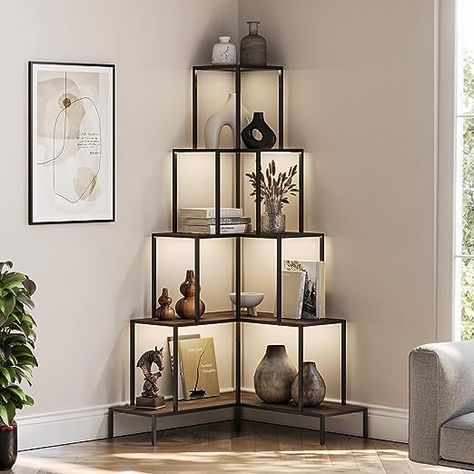 BELLEZE 5-Tier Corner Bookshelf with RGB Light, Remote Control Multiple Lighting Modes and Colors, 66" Tall L-Shaped Bookcase, Storage & Display Rack for Living Room, Courtyard and Home Office - Gray Blitz Design, Corner Bookshelf, Industrial Minimalist, Corner Bookshelves, Inspire Me Home Decor, Corner Shelf, Decoration Inspiration, Plants Flowers, A Living Room