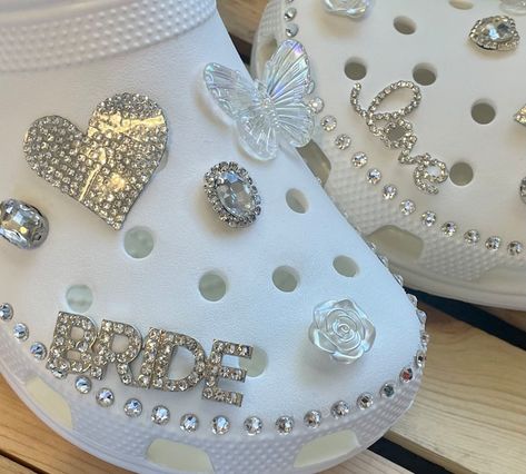 Bride Crocs, Designed Crocs, Wedding Crocs, Wedding Log, Disney Wedding Shoes, 2023 Bride, Disney Bachelorette, Crocs Ideas, Bridal Sneakers